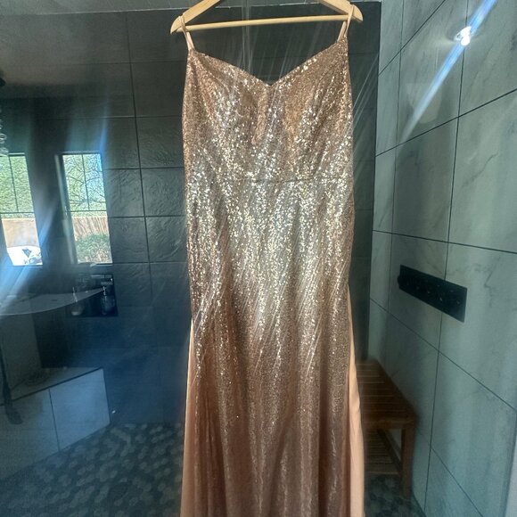 Chiclody Formal Evening Sequin Dress Champagne Slip Satin Train Gown - Picture 6 of 9